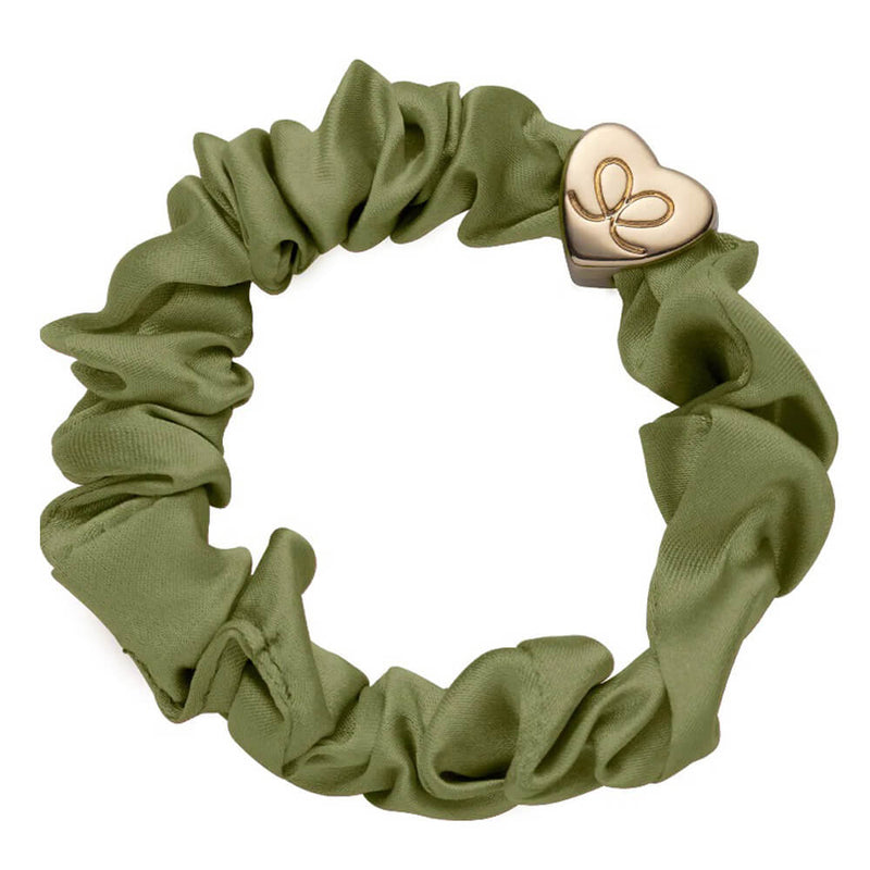 By Eloise Gold Heart Silk Scrunchie –⁠ Olive Green