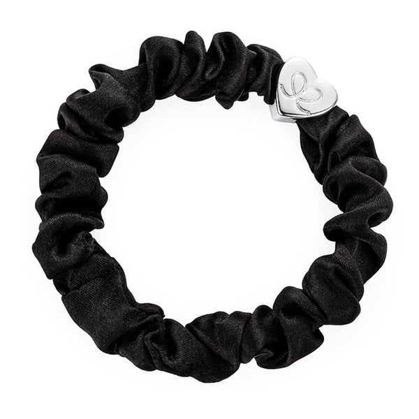 By Eloise Silver Heart Silk Scrunchie –⁠ Black